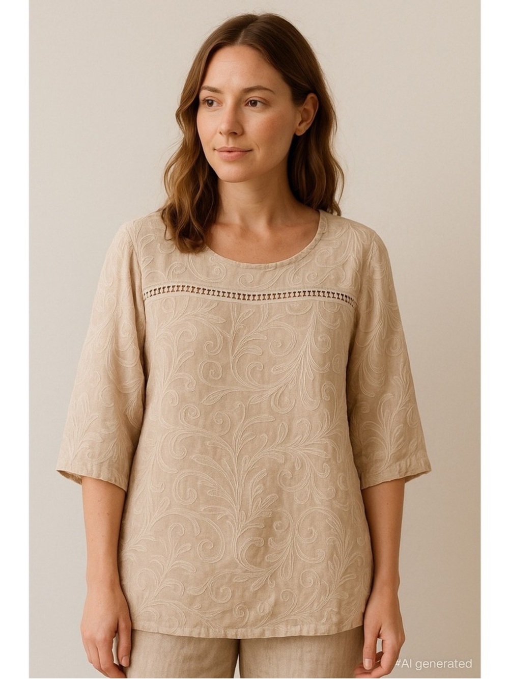 Spighe Di Lino Italy Embroidered Linen Blend Blouse Beige Womens Large Summer
